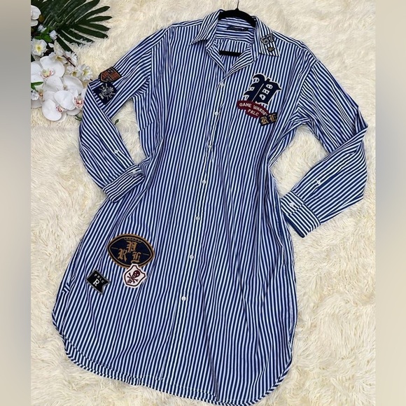 Polo by Ralph Lauren Striped Asymmetrical Shirt Dress with pockets and Patches - Picture 3 of 15